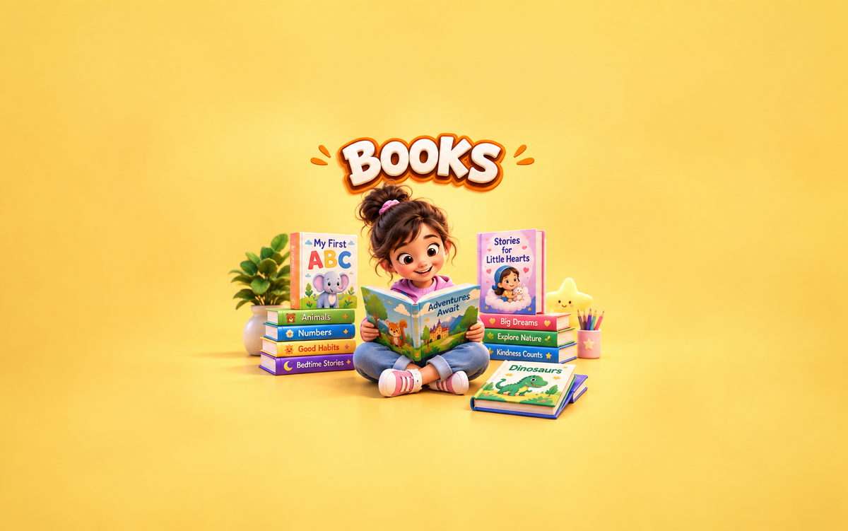 Books collection - stack of colorful kids books on cream background