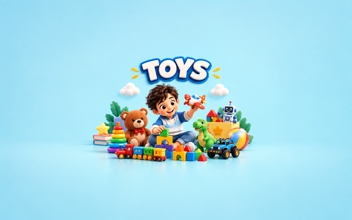 Toys collection - assorted cartoon toys on cream background