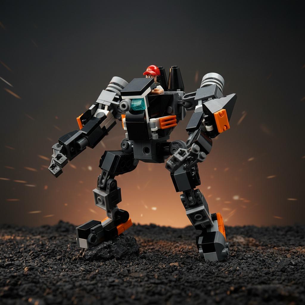 Assembled black, grey and orange mech robot build with a small red-helmeted minifigure seated in the cockpit, standing on dark gravel with glowing sparks
