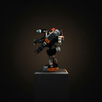 Rear angle view of the black and orange mech robot build displayed on a dark pedestal with warm spotlight