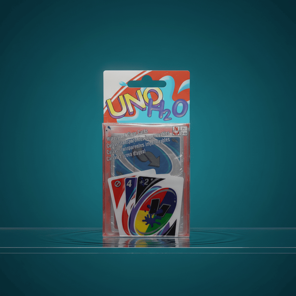 UNO H2O blister pack with clear waterproof cards visible inside, teal background with a water-ripple effect.