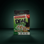 Monopoly Deal card game box front, green design with the Mr. Monopoly mascot and fanned cards, Ages 8+ label shown.