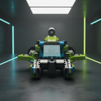 Front-on view of the green and black building-block rally car showing its rear propeller fan above the cockpit, neon corridor backdrop