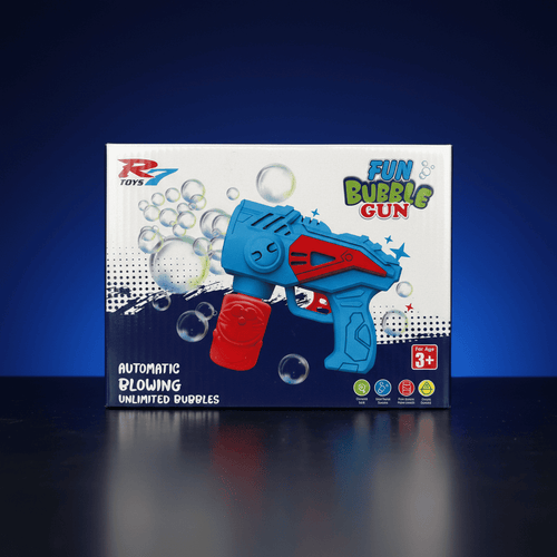 Product box for R7 Toys 'Fun Bubble Gun' showing the blue and red toy, 'Automatic Blowing Unlimited Bubbles' text and a For Age 3+ badge