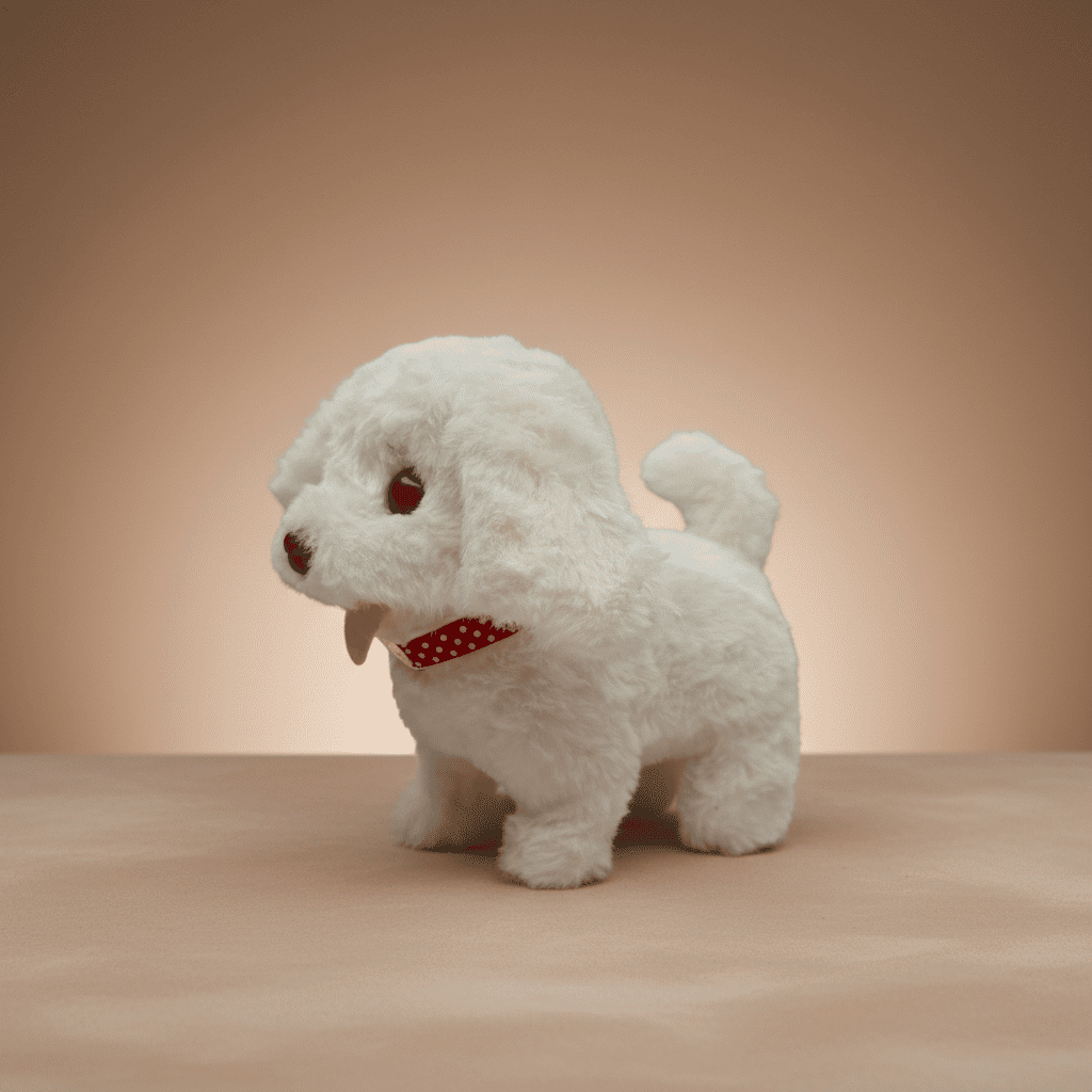 White plush puppy toy with a red polka-dot bandana around its neck, standing on all fours against a warm beige backdrop