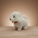 White plush puppy toy with a red polka-dot bandana around its neck, standing on all fours against a warm beige backdrop