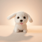 Close-up front view of the white plush puppy with floppy ears and its tongue out, sitting on a neutral cream surface