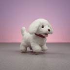 White plush puppy shown mid-walk with a red polka-dot collar and tongue out, against a pink gradient backdrop