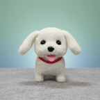 Straight-on front-facing shot of the white plush puppy wearing its red bandana, sitting on grey carpet with a teal gradient background