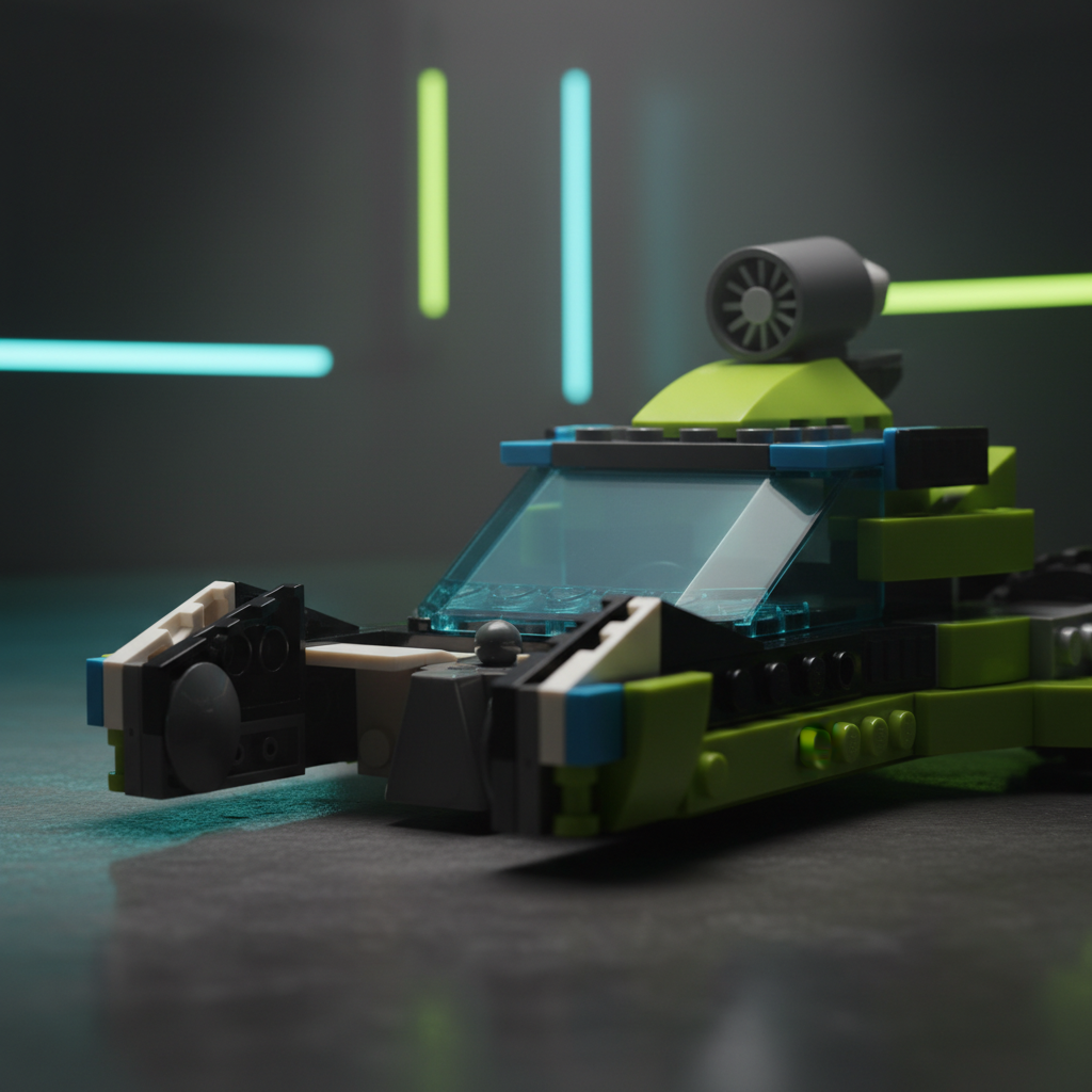 Close-up front-low angle of the green, black and blue building-block rally car with a rear propeller detail, neon-lit background