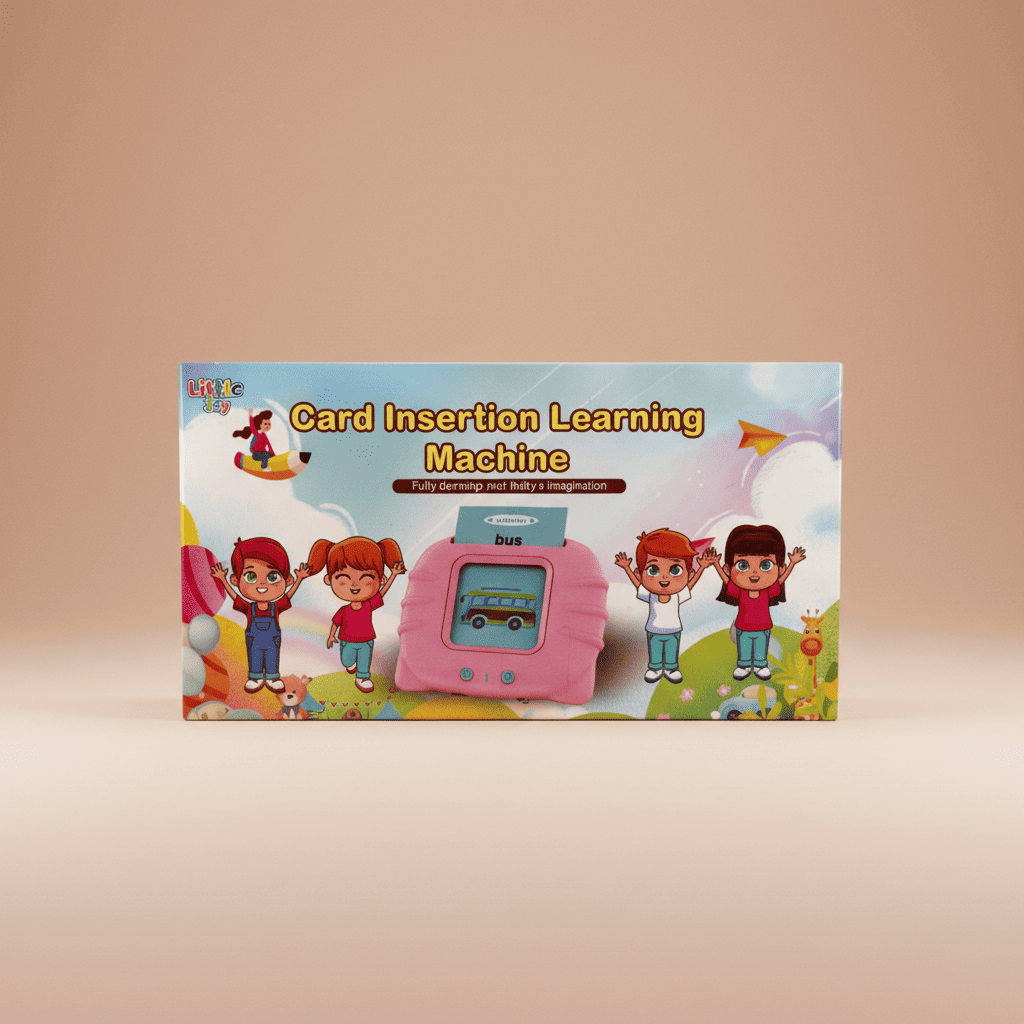 Product box for 'Card Insertion Learning Machine' showing the pink device with a bus flashcard and cartoon children illustrations