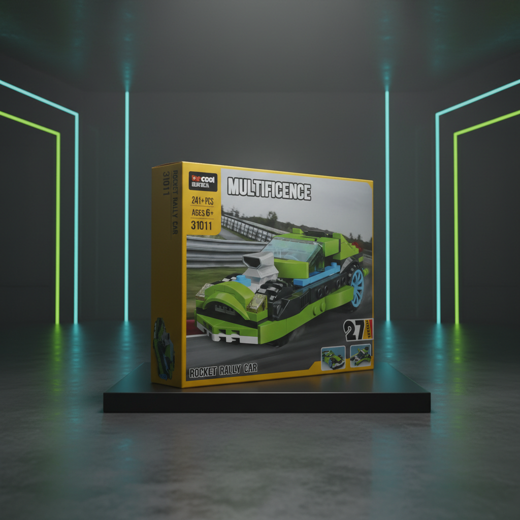 Product box front for Cool Bricks Multificence set 31011 showing a green and black Rocket Rally Car build, labeled 27-in-1, 241+ Pcs and Ages 6+