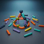 Small triangular magnetic stick structure surrounded by loose colorful rods and ball connectors scattered on a dark surface