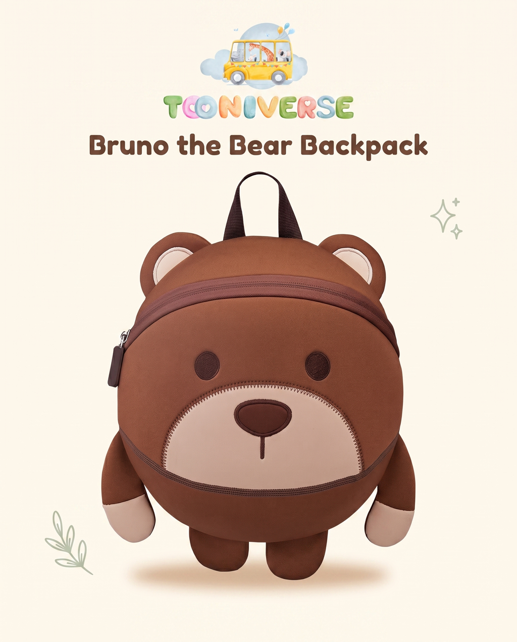Bruno the Bear backpack, front view of brown bear-face design