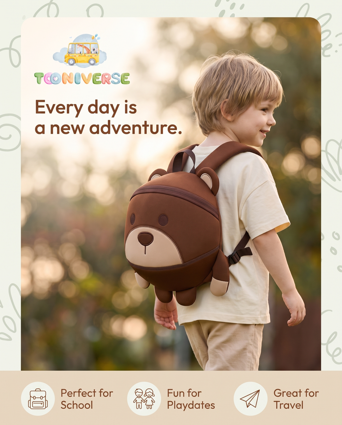 Child wearing the Bruno the Bear backpack outdoors