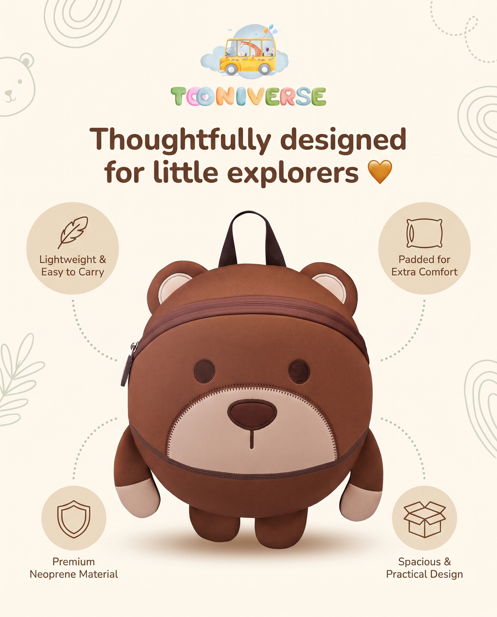 Bruno the Bear backpack open showing interior with lunch box, water bottle, pencil case and toy