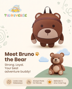 Bruno the Bear backpack with character illustration, meet Bruno the Bear