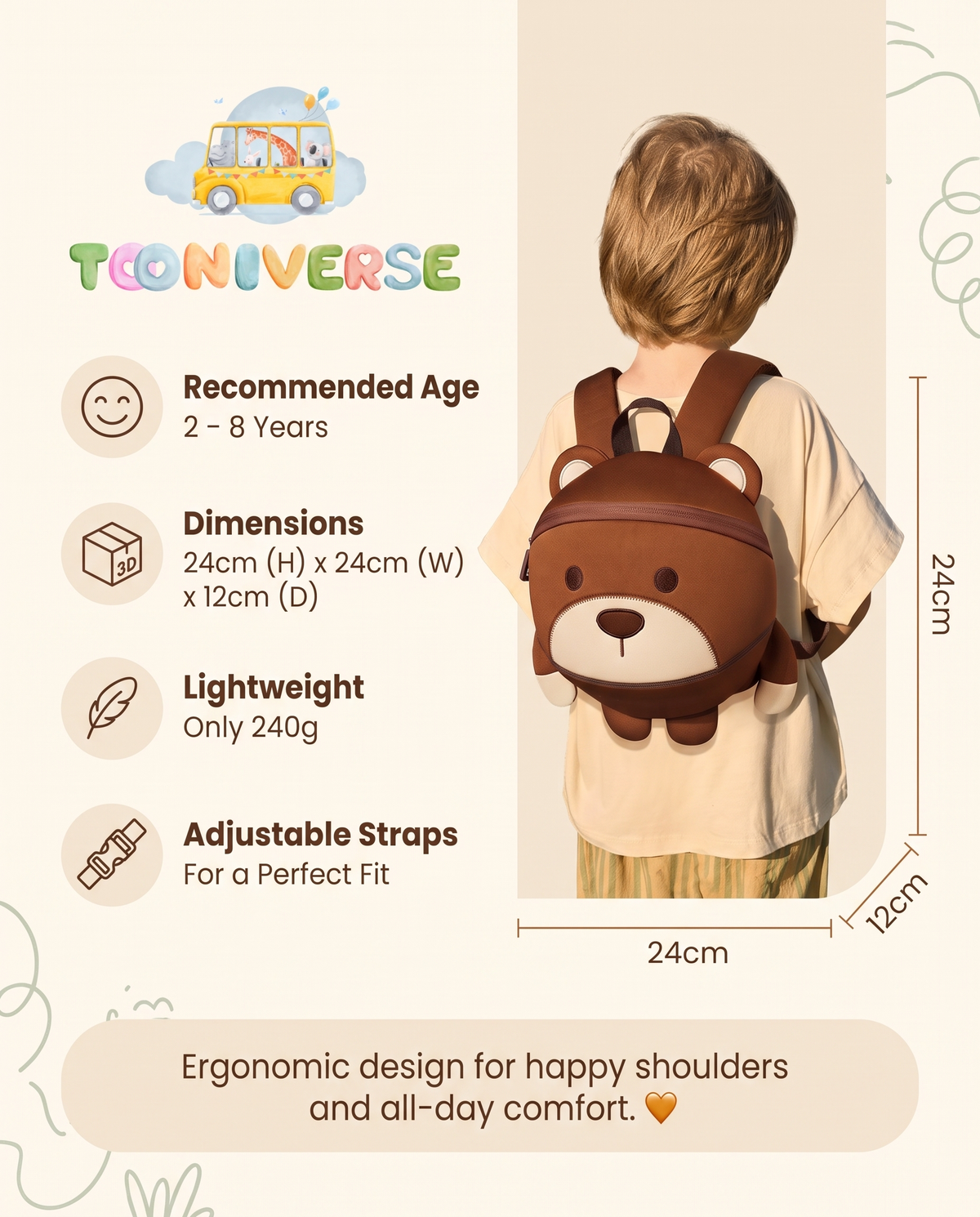 Bruno the Bear backpack back view showing mesh back panel and padded straps