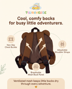 Child wearing Bruno the Bear backpack, back view with size and age guide
