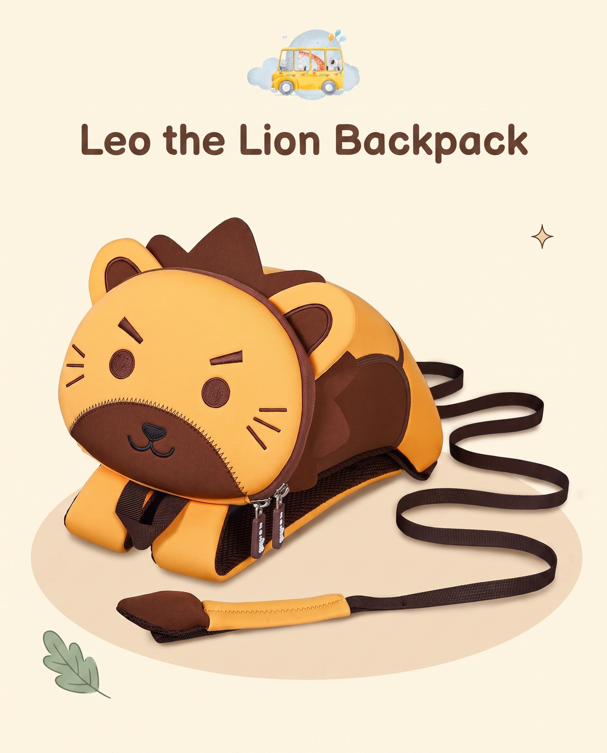 Leo the Lion backpack, front view with attached safety rein
