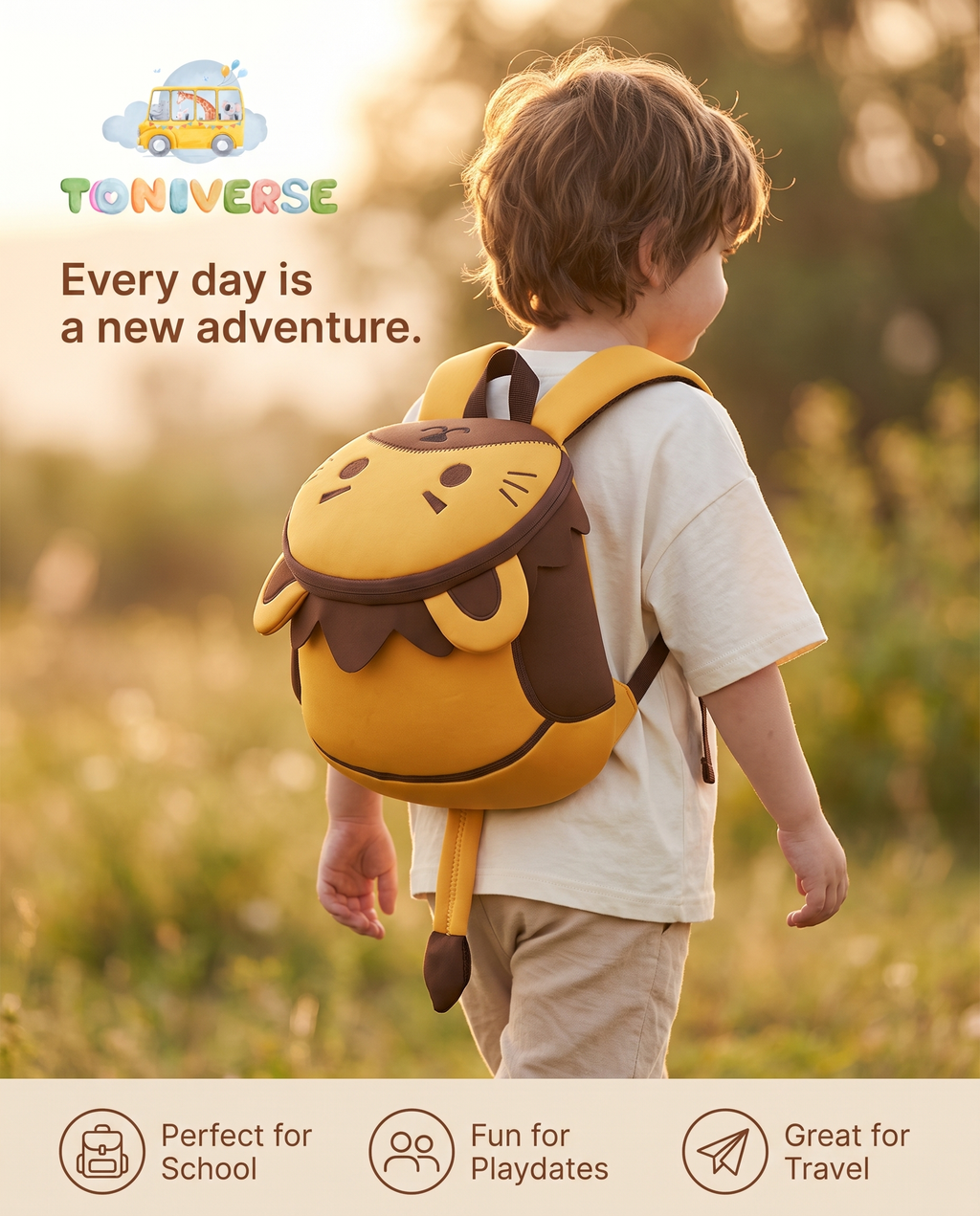 Child wearing the Leo the Lion backpack outdoors in a field