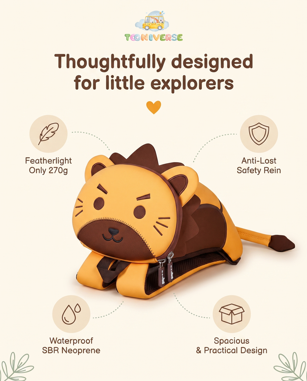 Leo the Lion backpack feature highlights: 270g lightweight, anti-lost rein, waterproof, spacious