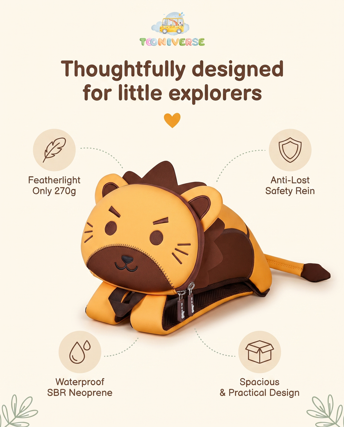 Leo the Lion backpack feature highlights: 270g lightweight, anti-lost rein, waterproof, spacious