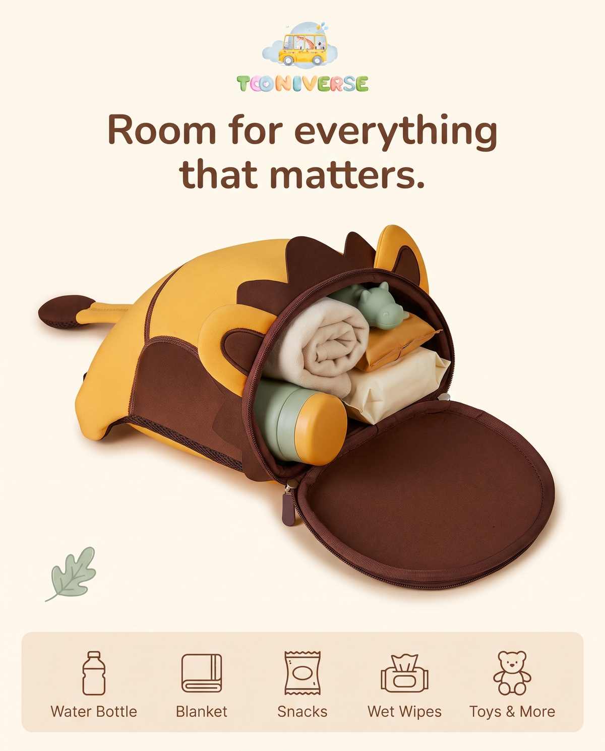 Leo the Lion backpack open showing interior with blanket, bottle, wipes and a toy