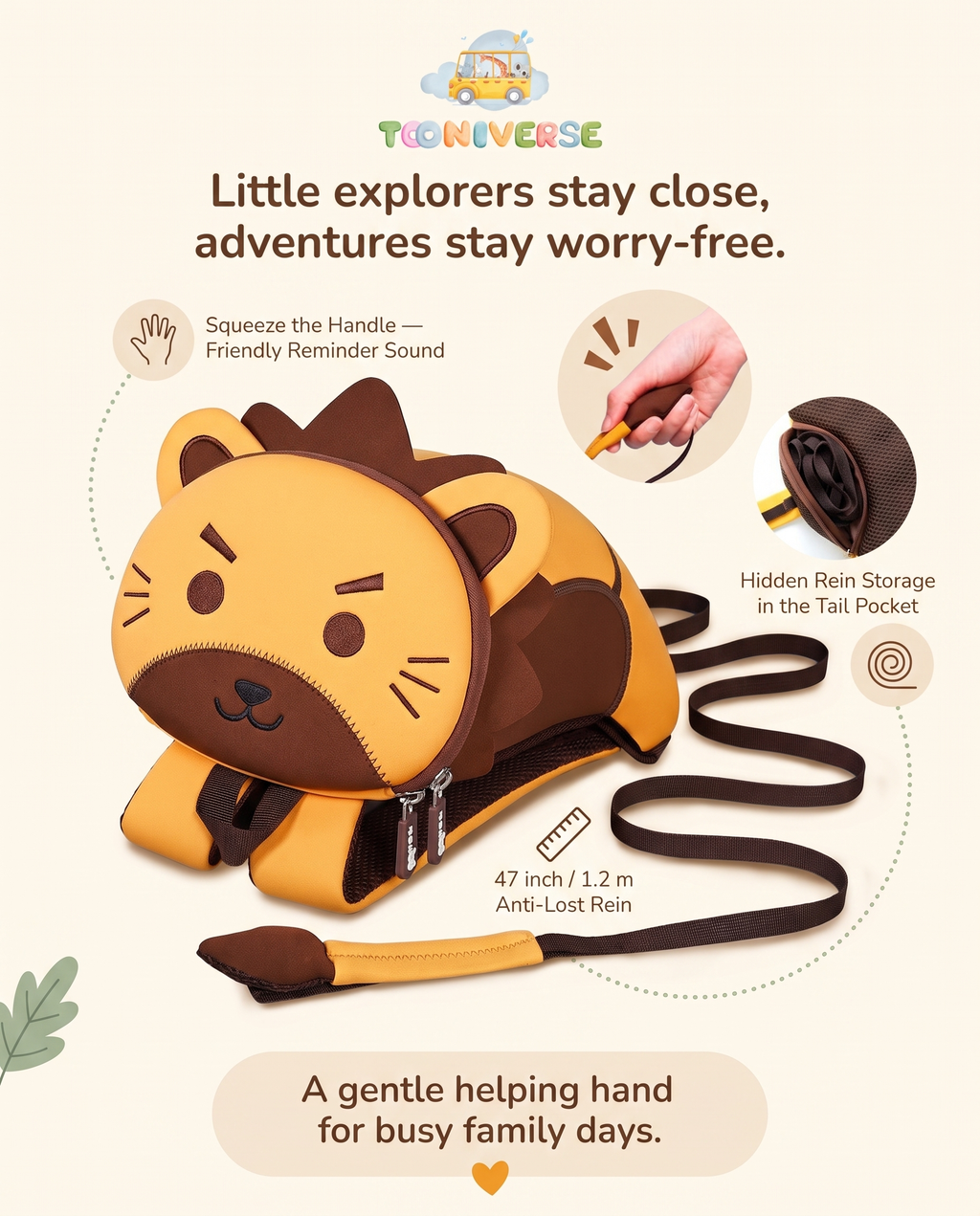 Leo the Lion backpack safety rein detail with cushioned handle and hidden tail-pocket storage