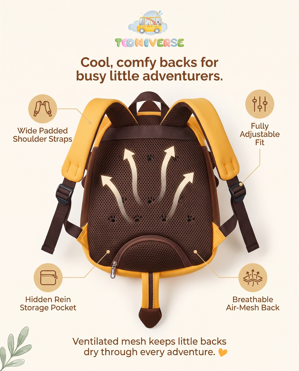 Leo the Lion backpack back view showing padded straps and breathable mesh panel
