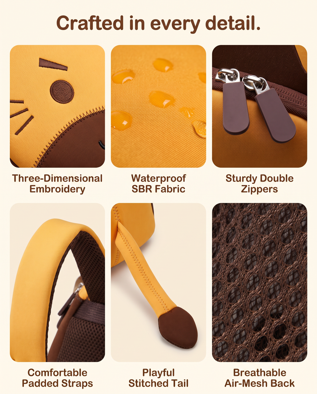 Close-up details of Leo the Lion backpack: embroidery, waterproof fabric, zippers and stitched tail
