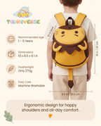 Child wearing Leo the Lion backpack, back view with size and age guide