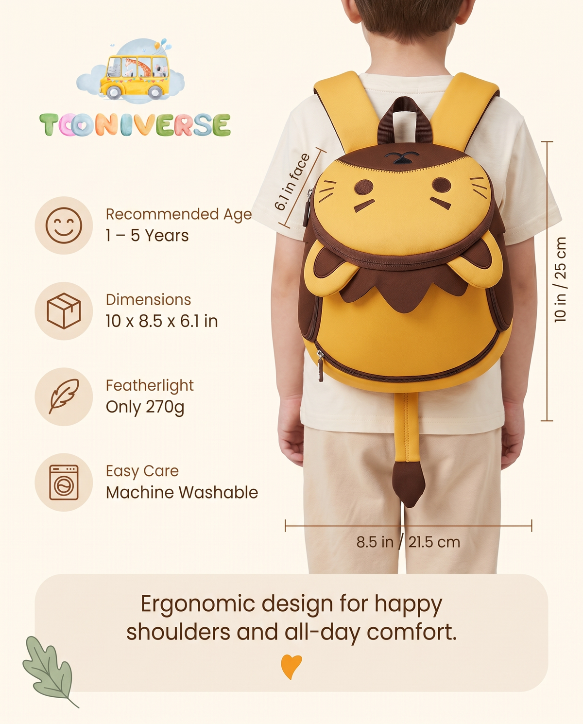 Child wearing Leo the Lion backpack, back view with size and age guide