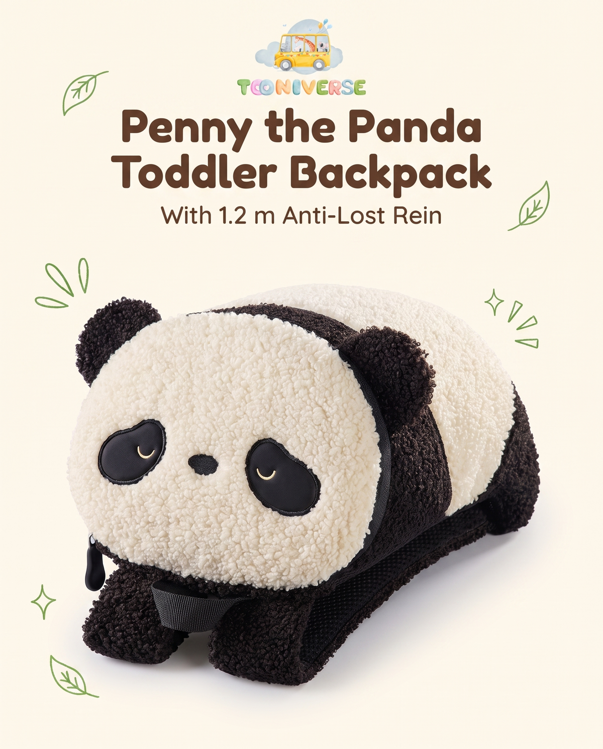 Penny the Panda toddler backpack, three-quarter view showing sherpa panda face and straps