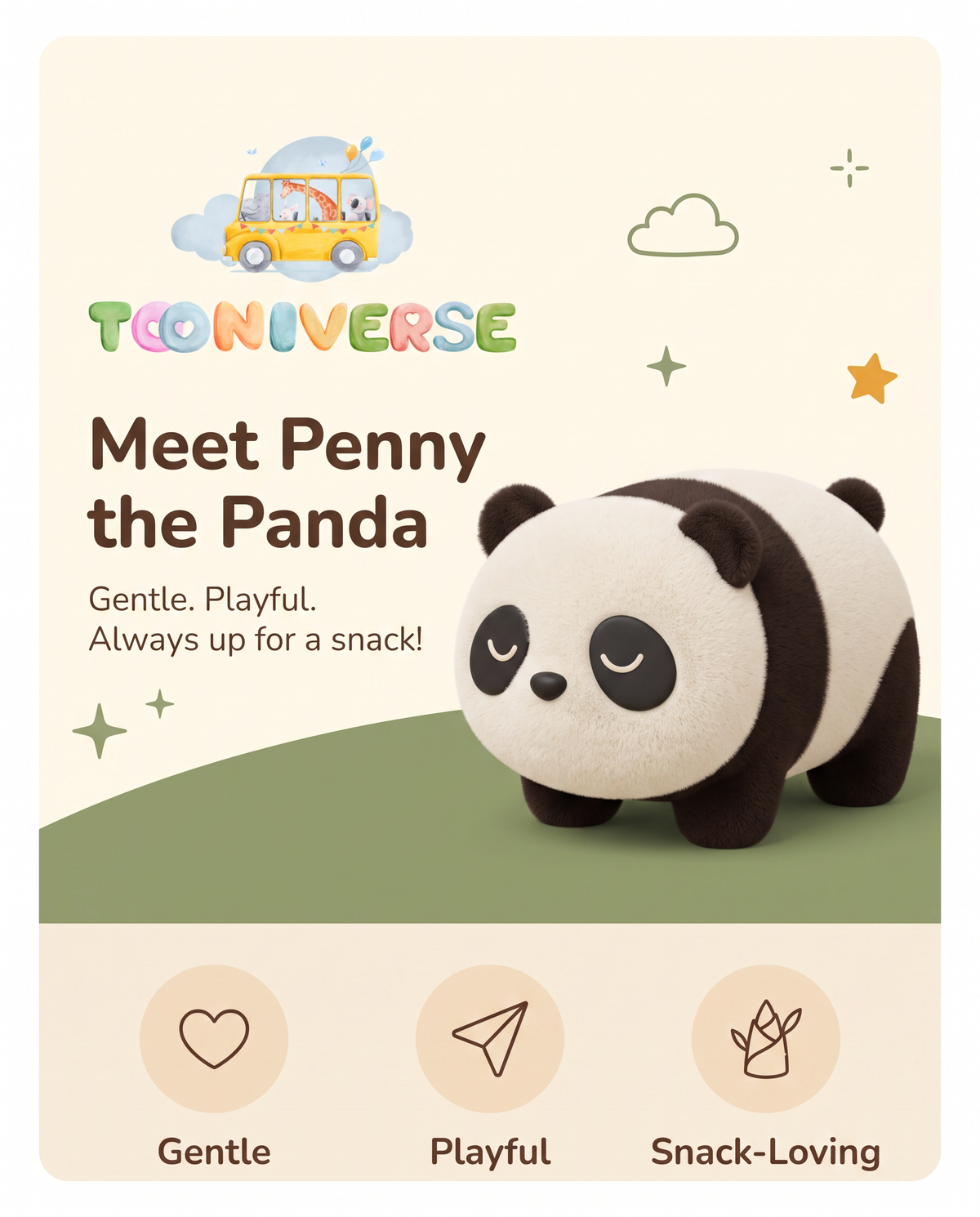 Penny the Panda character illustration, gentle and playful panda mascot