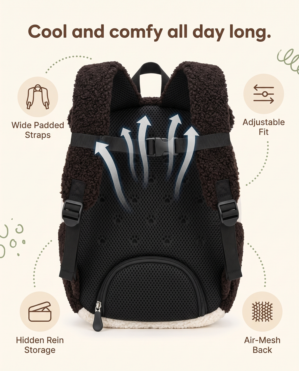 Penny the Panda backpack back view showing padded straps and air-mesh back panel