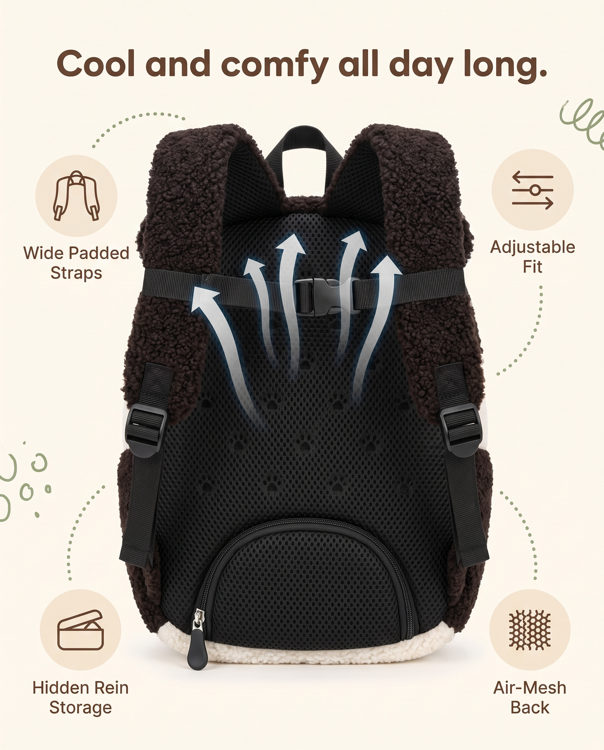 Penny the Panda backpack back view showing padded straps and air-mesh back panel