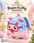Pip the Piggy backpack, front view showing pig face design in pink and blue