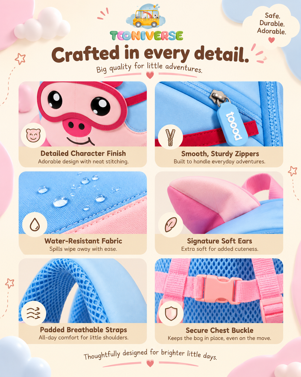 Close-up details of Pip the Piggy backpack: stitching, zippers, water-resistant fabric and straps