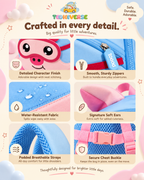 Close-up details of Pip the Piggy backpack: stitching, zippers, water-resistant fabric and straps