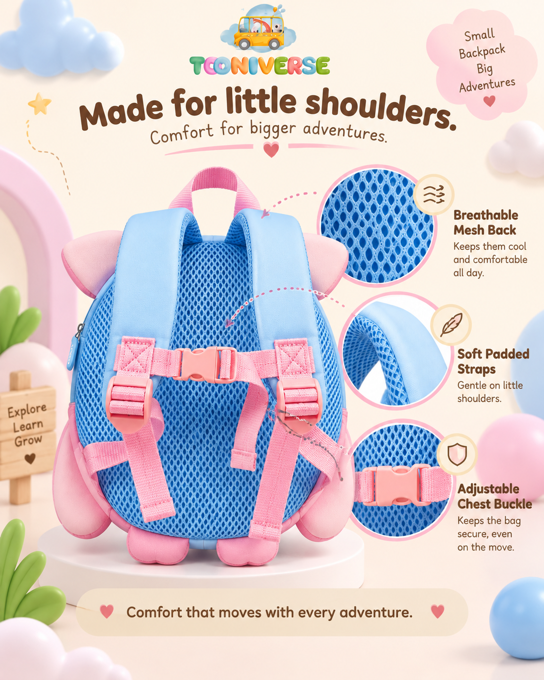 Pip the Piggy backpack back view showing mesh back panel and padded straps