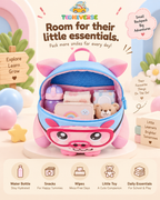 Pip the Piggy backpack open showing interior with water bottle, wipes and a small toy