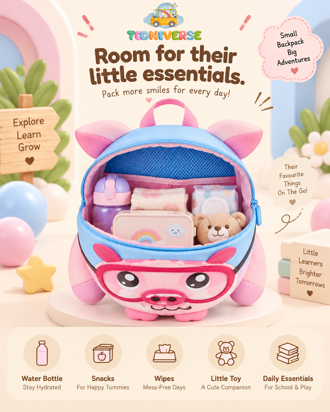 Pip the Piggy backpack open showing interior with water bottle, wipes and a small toy