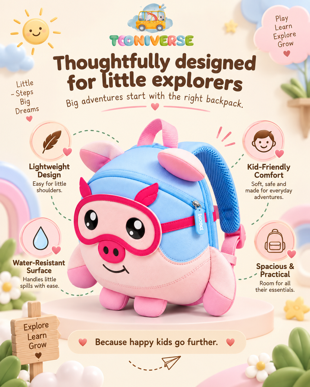 Pip the Piggy backpack feature highlights: lightweight, water-resistant, spacious interior