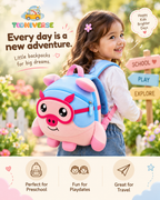 Child wearing the Pip the Piggy backpack outdoors