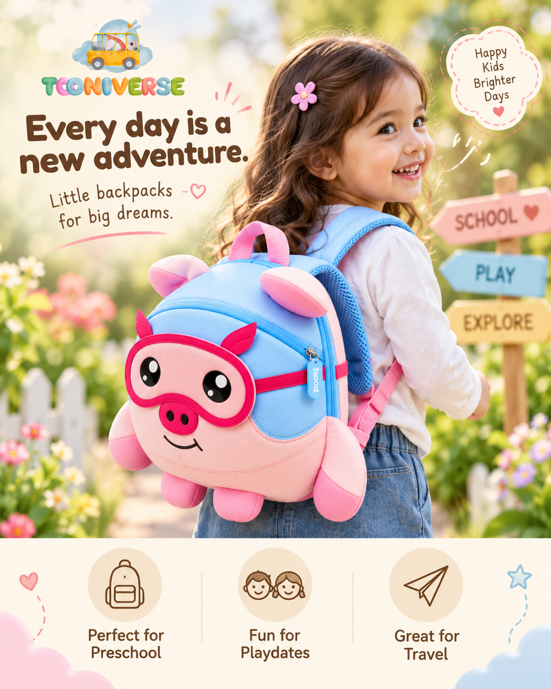 Child wearing the Pip the Piggy backpack outdoors