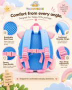 Pip the Piggy backpack back view details: breathable panel, cushioned straps, chest buckle