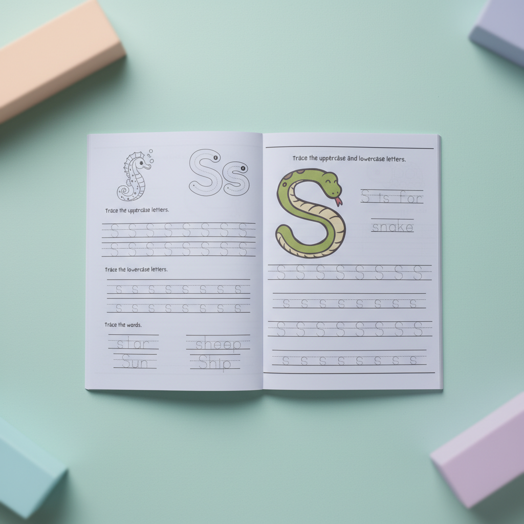 Open interior spread with an uppercase and lowercase letter S tracing page, featuring a seahorse and a colored snake illustration