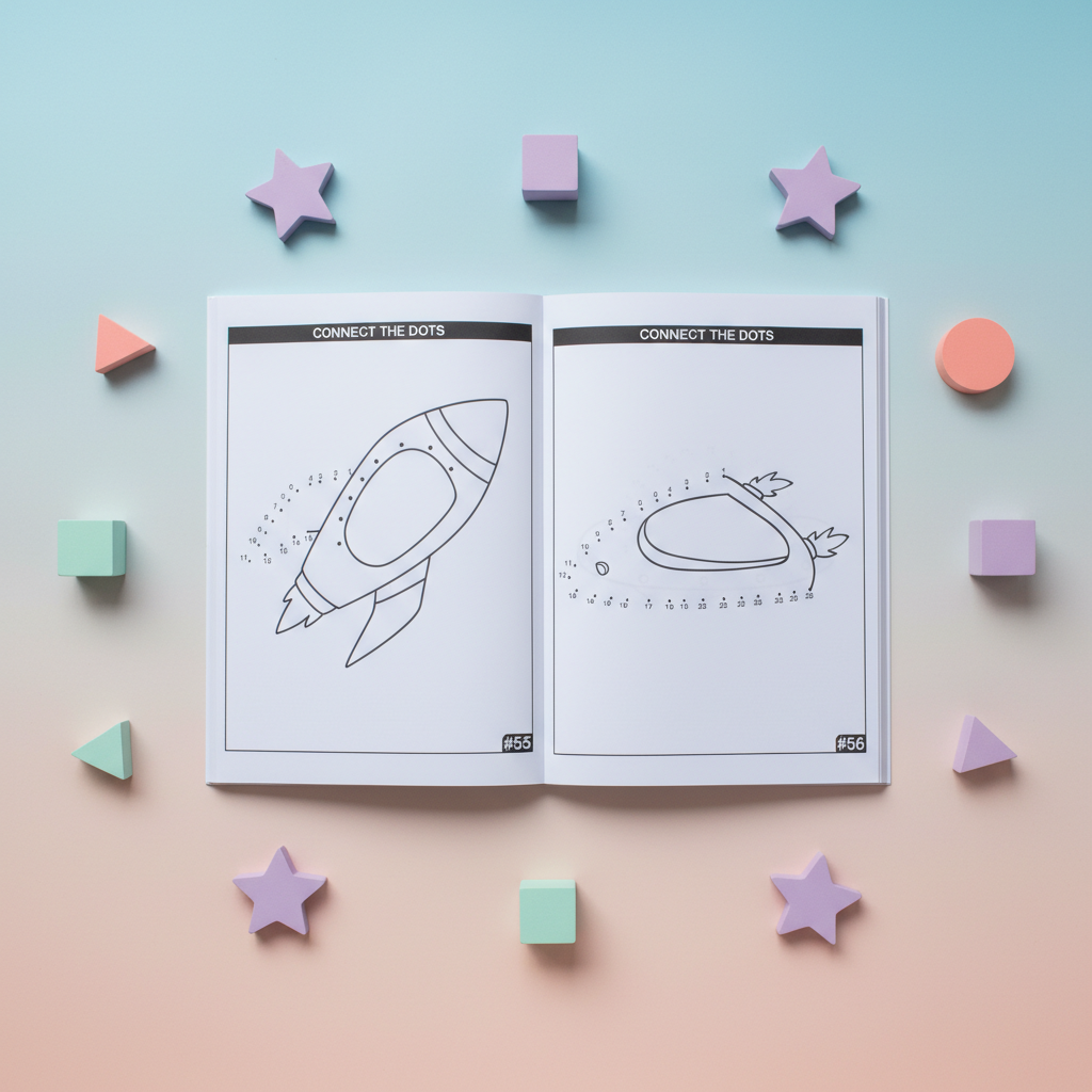 Open spread with two connect-the-dots puzzles forming rocket ship outlines, numbered 55 and 56