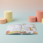 Open spread with a giraffe coloring page and a maze puzzle featuring a giraffe, deer, turtle and hippo
